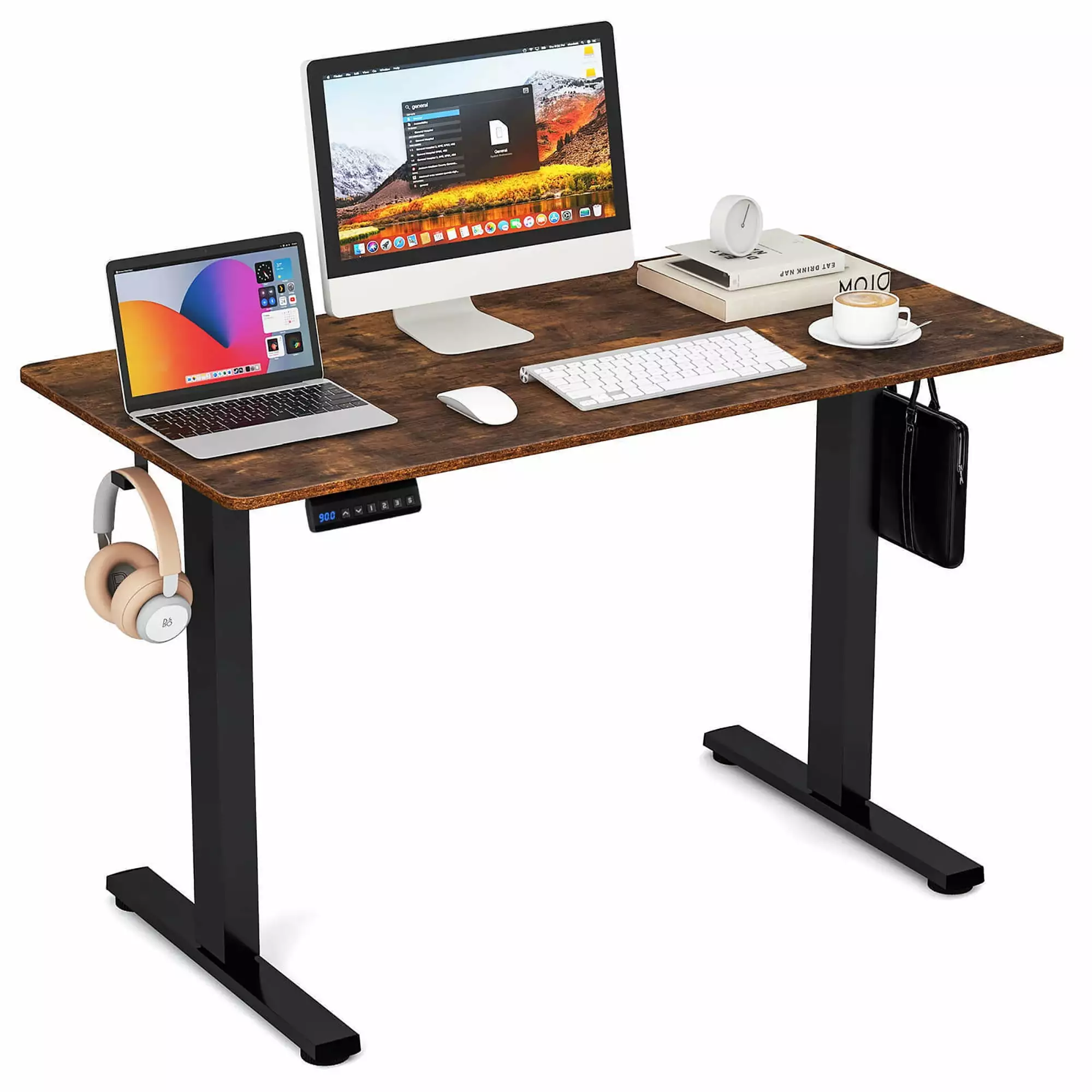 Gymax 48 x 24 Electric Standing Desk 3 Memory Height Settings and 2 Hanging Hooks Rustic Brown