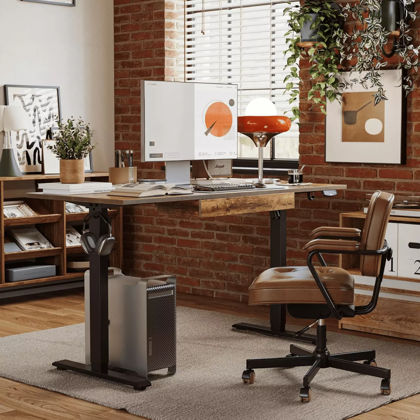 Adjustable Height Electric Standing Desk Storage Wooden Drawer 48 x 24 Inches Rustic Brown HHWM2