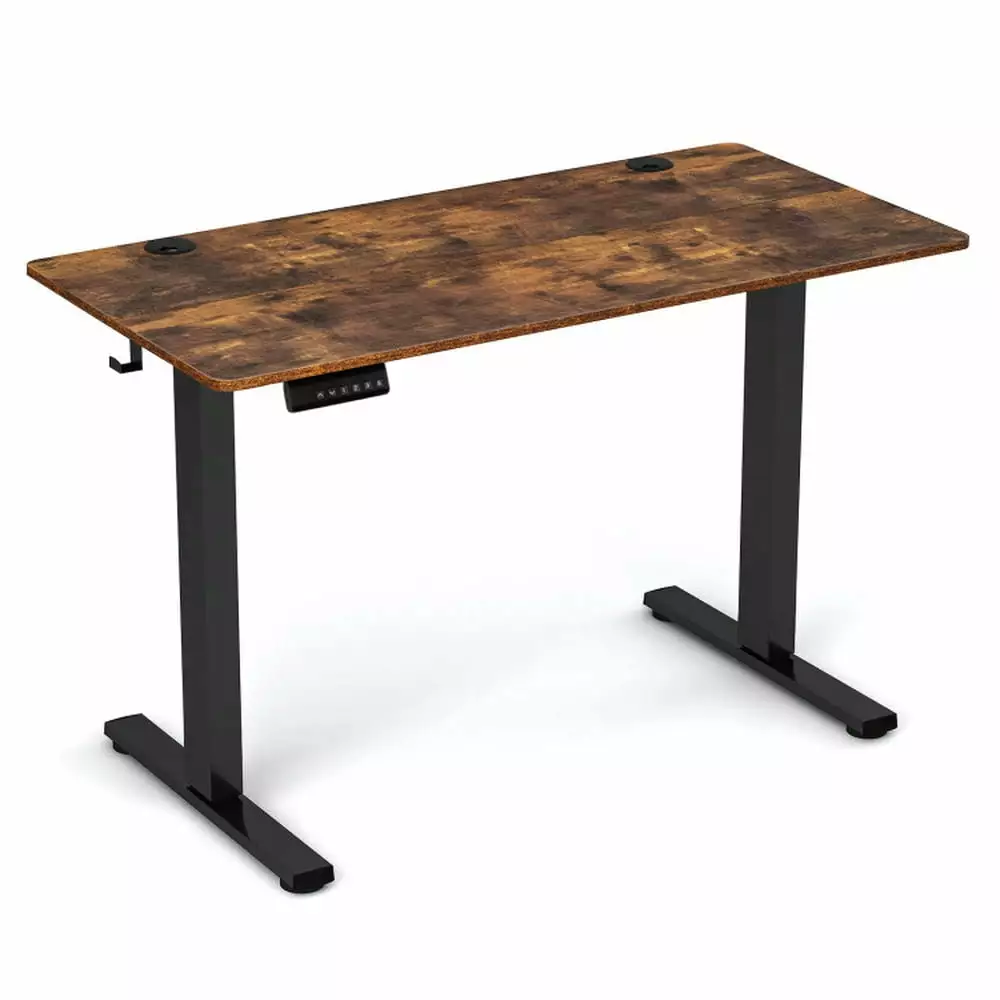 Kepooman Rustic Brown Electric Standing Desk 3 Memory Height Settings 2 Hanging Hooks Cable Management