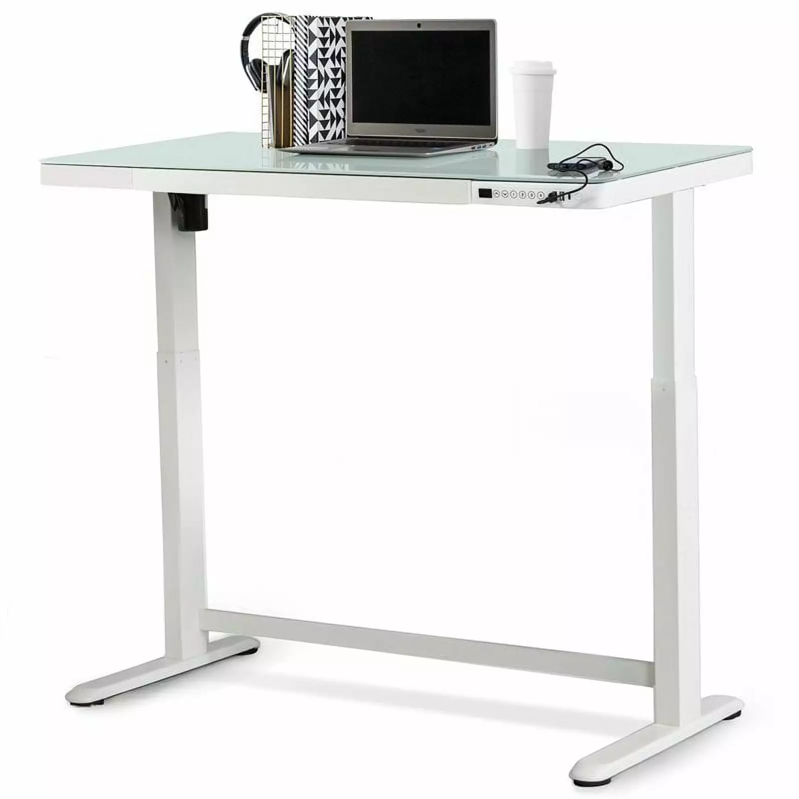 Pemberly Row Electric Glass Top Standing Desk White Gray Adjustable Height