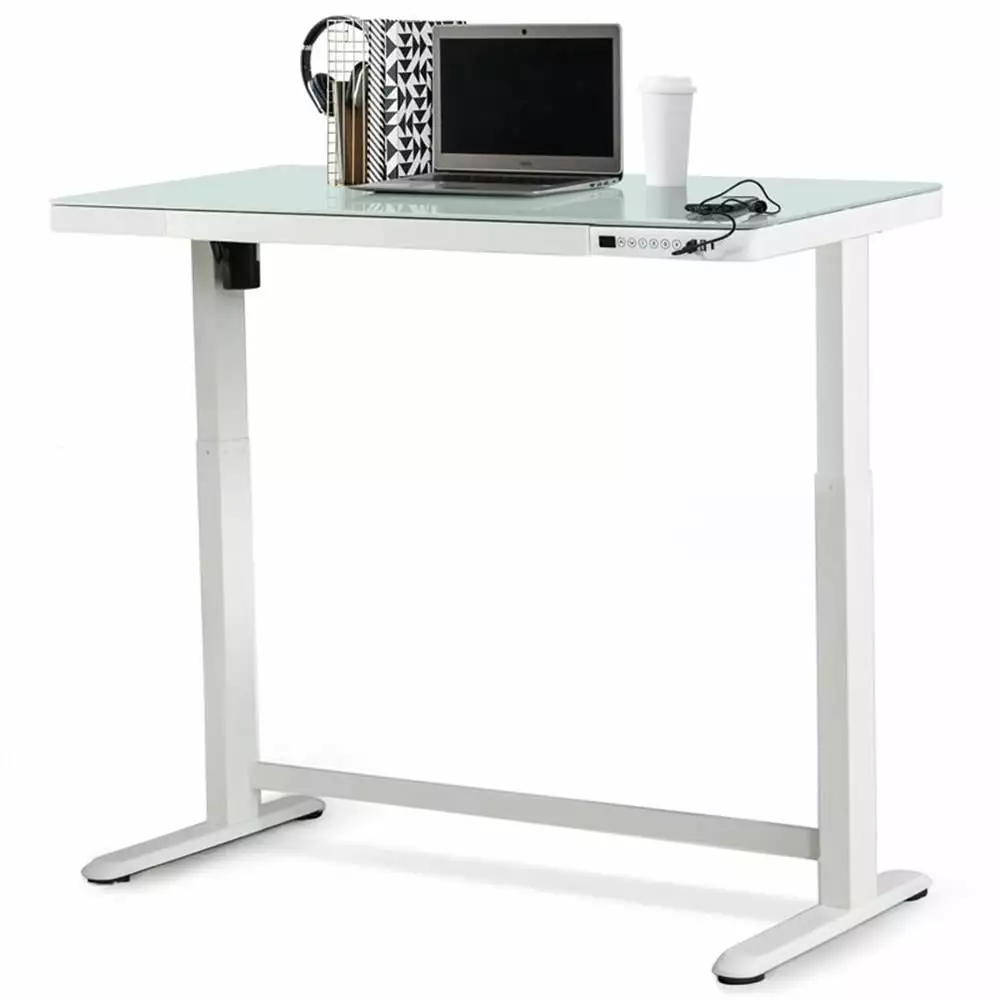 Pemberly Row Electric Glass Top Standing Desk White and Gray Modern Office