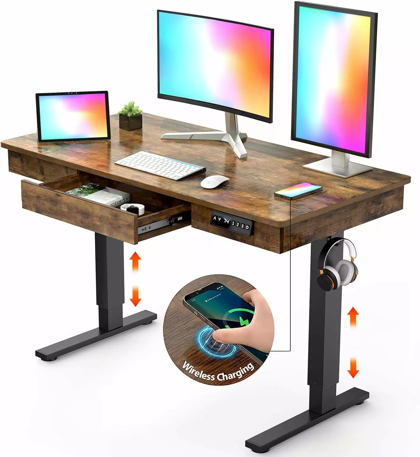 Sfugno Electric Standing Desk Height Adjustable Desk Drawer Wireless Charging Memory Study Computer Home Office Desk 48x24...