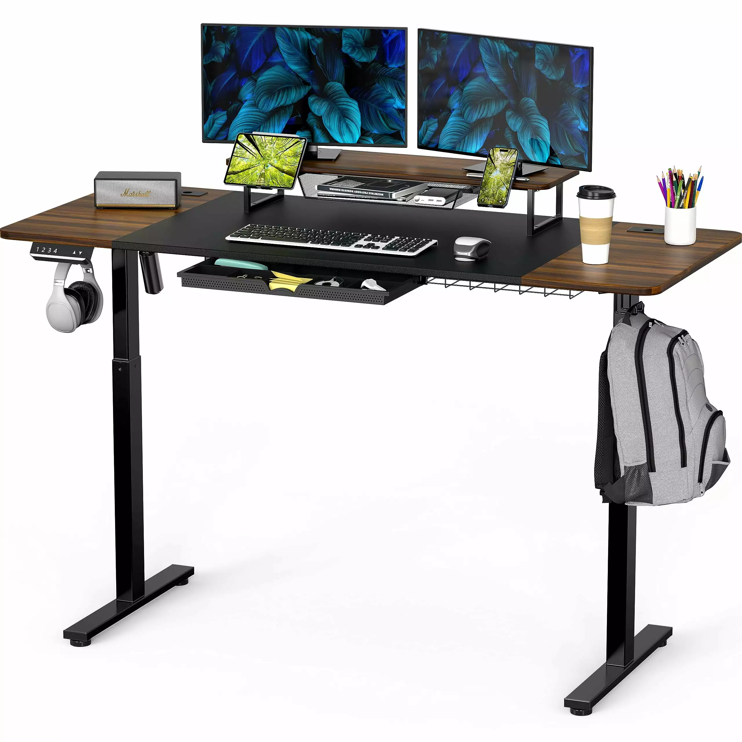 SHW 62 Inch Electric Height Adjustable Desk Walnut Finish