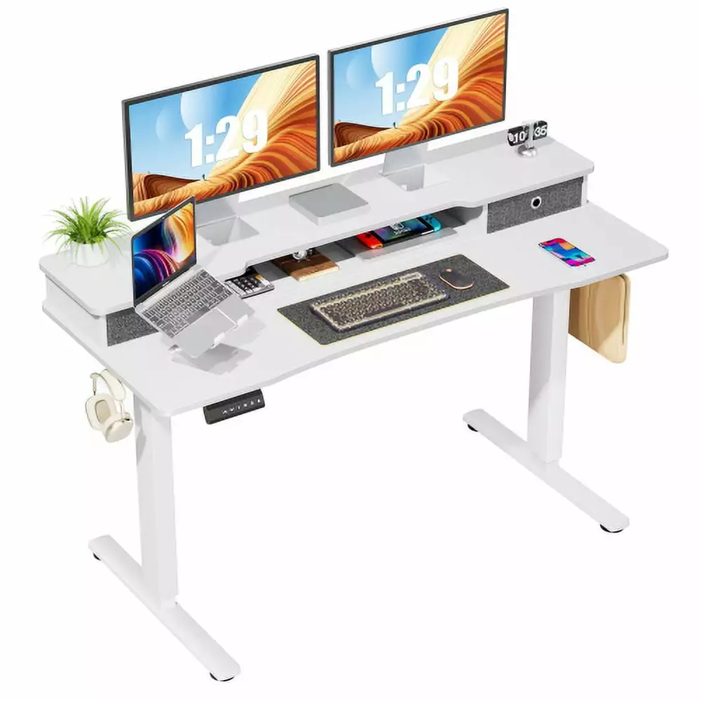 Sweetcrispy Home Office Height Adjustable Electric Standing Desk Storage Shelf and Double Drawer