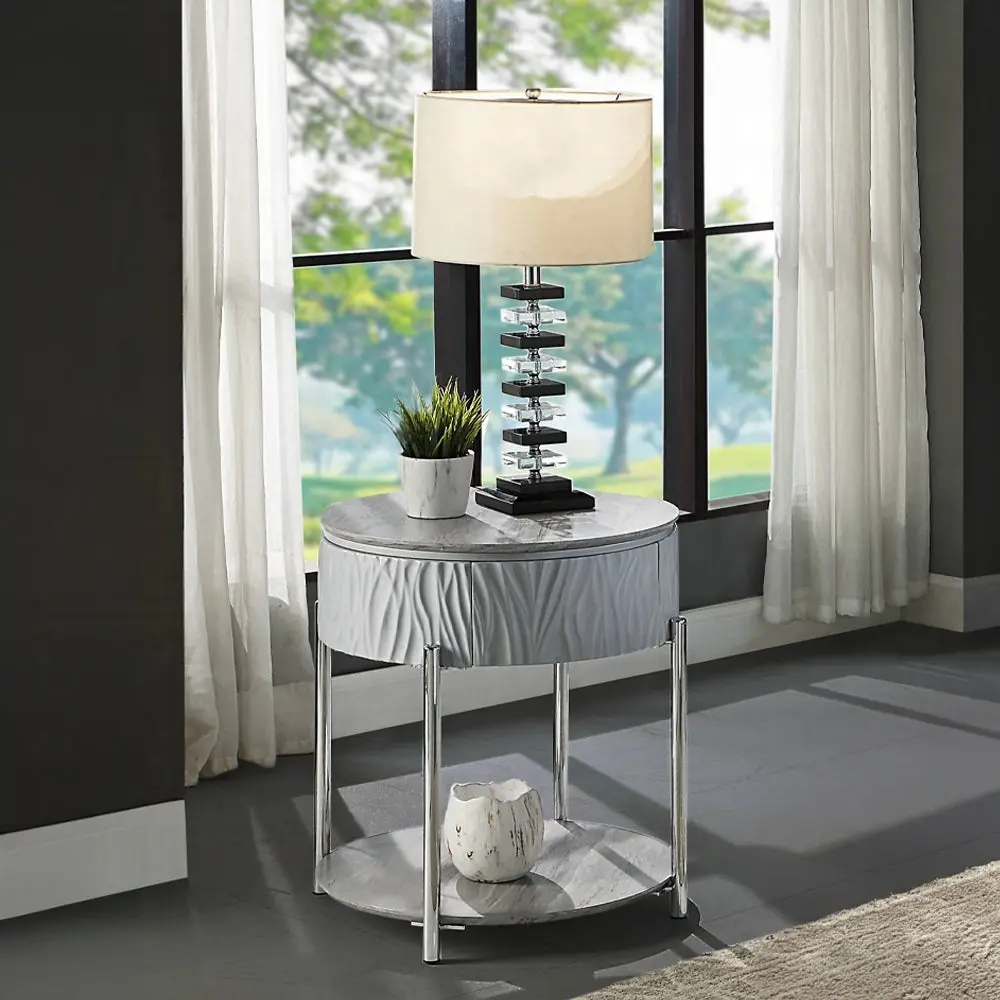 Grey High Gloss And Chrome End Table Drawer Grey Silver Primary furniture max