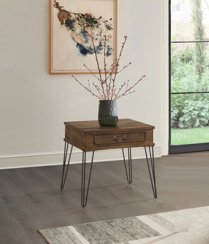 Rustic Oak and Black Finish Timeless End Table Drawer and Metal Legs kanepe