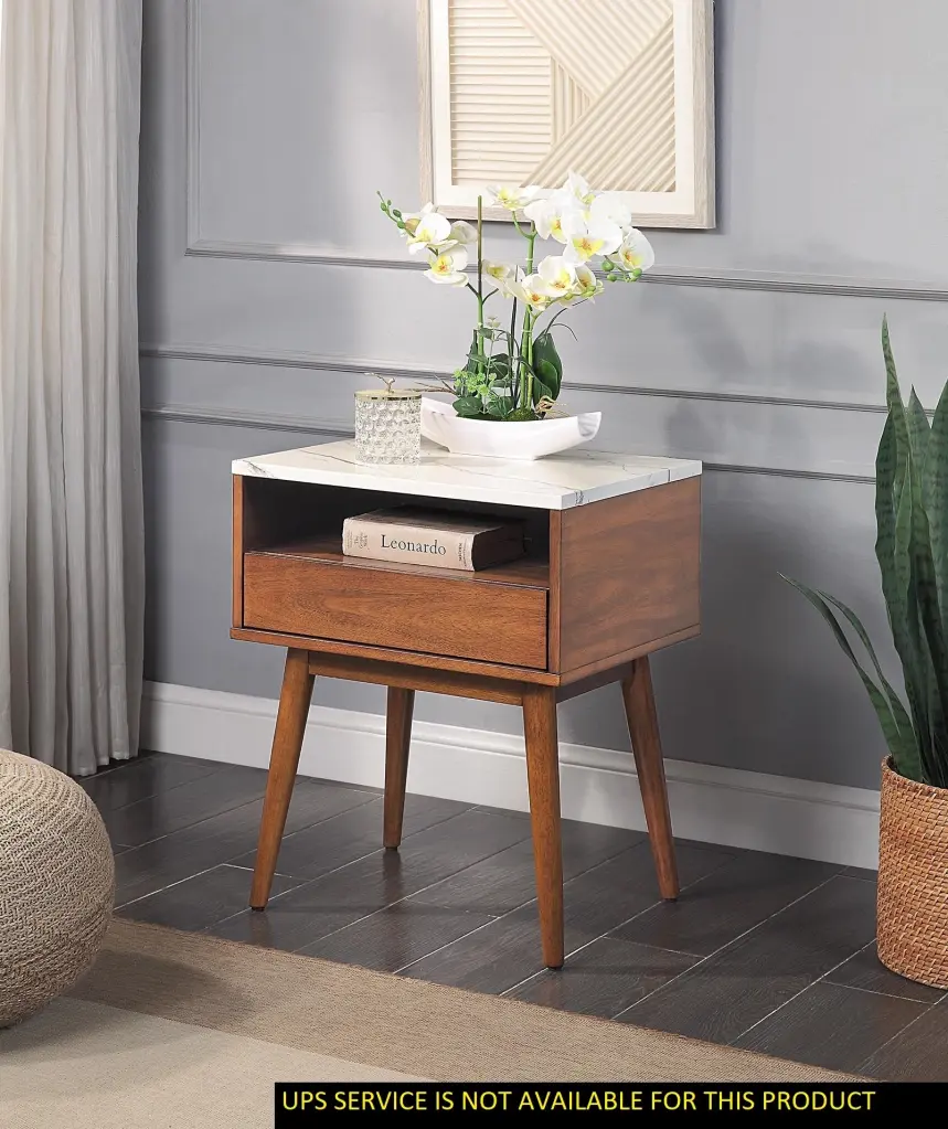 Walnut Finish End Table Faux Marble Top and Drawer Shelf Living Room Furniture kanepe