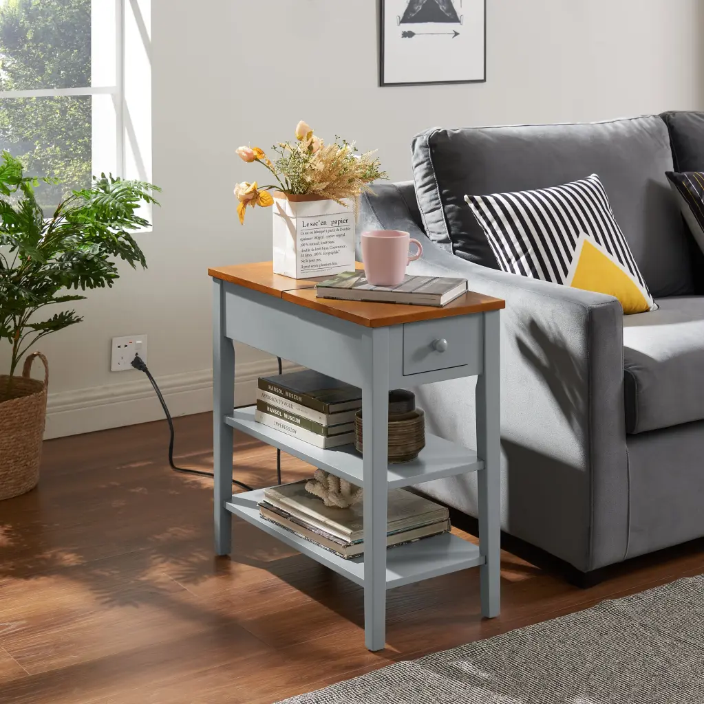 Narrow 2 Tone End Table USB Charging Ports Small Spaces rnb