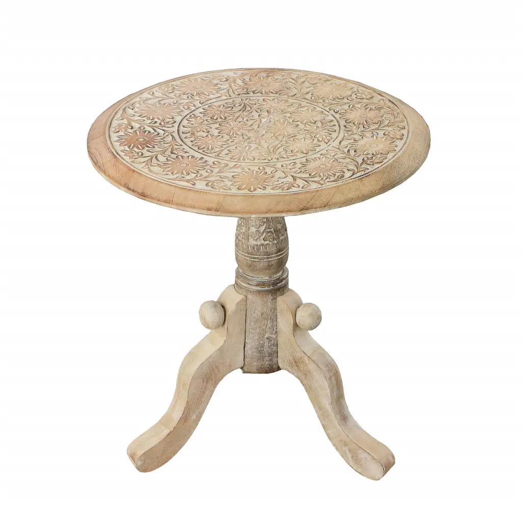 Intricately Carved Round Top Mango Wood Side End Table royal hampton