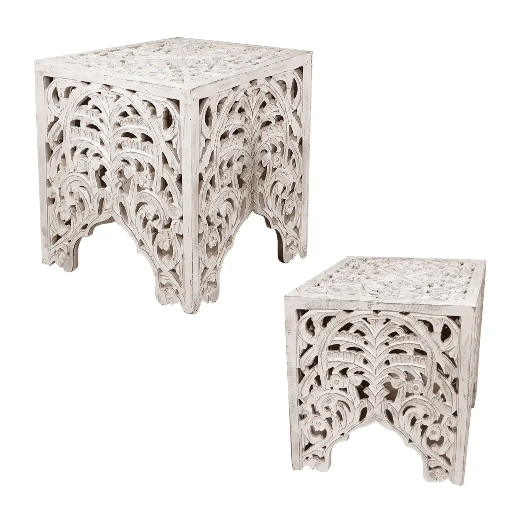Wooden End Table Floral Cut Out Design Set 2 Antique White Finish royal hampton