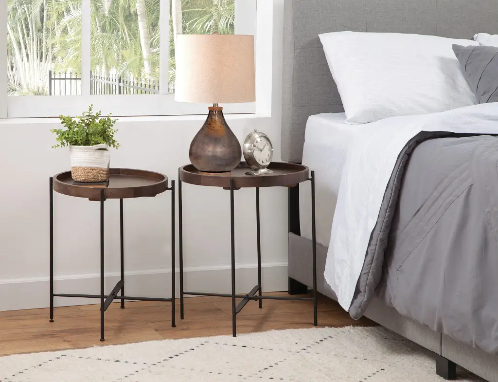 Set 2 Modern Round Wood Brown Side Tables Metal Legs Contemporary End Tables steve silver furniture