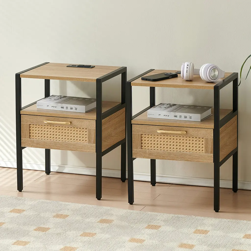 Set 2 15.75 Inch Rattan End Table Power Outlet And Usb Ports Modern Side Table sya furniture