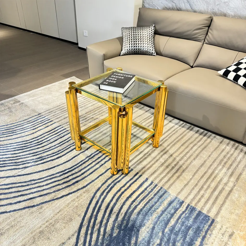 Golden Stainless Steel Double Layer Tempered Glass End Table t2949