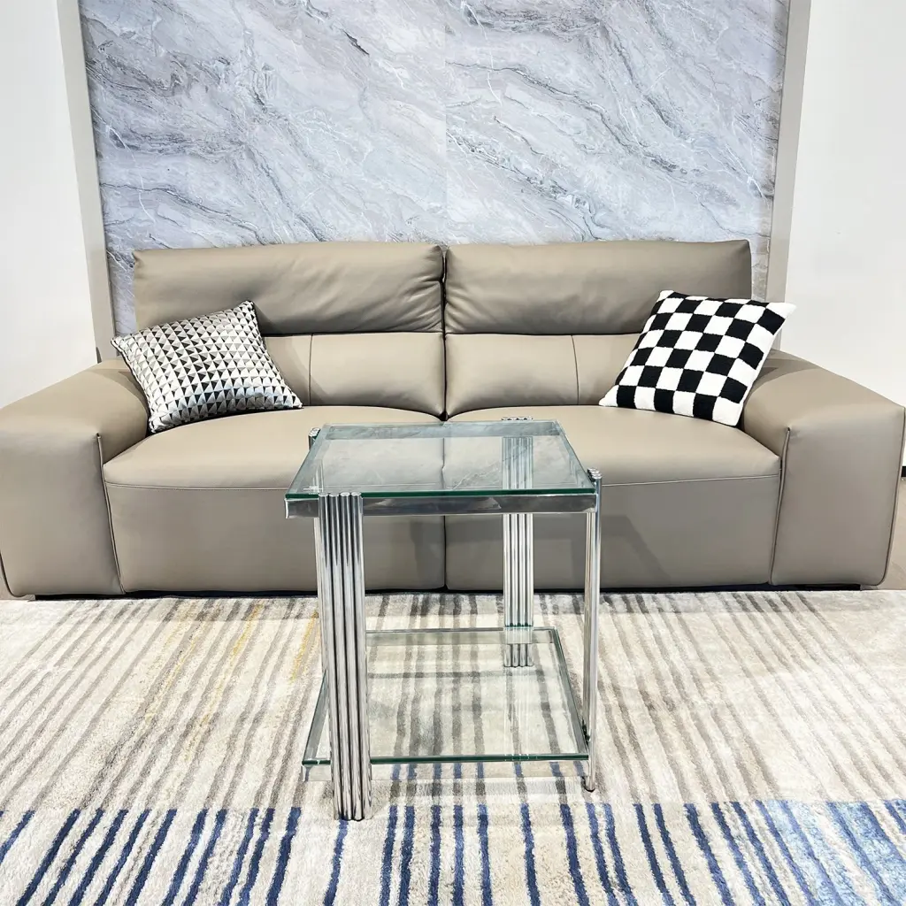 Silver Stainless Steel Double Layer Clear Tempered Glass End Table Living Room t2949