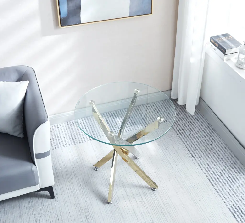 Modern Round Tempered Glass End Table Chrome Gold Legs w1311 artisan furniture
