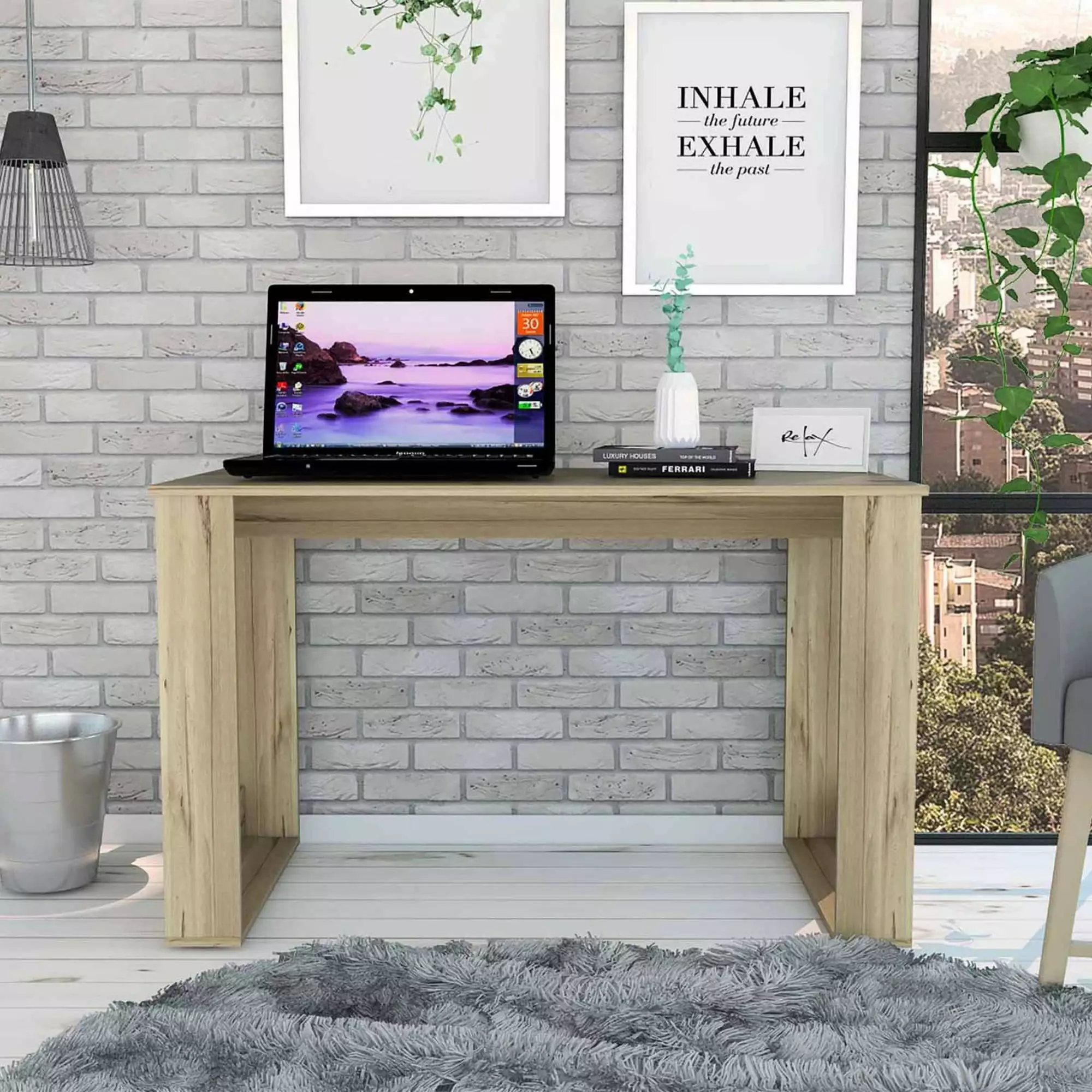 Tuhome Oak Modern Engineered Wood Oviedo 120 Computer Desk Home Office Workstation TUHOME Furniture