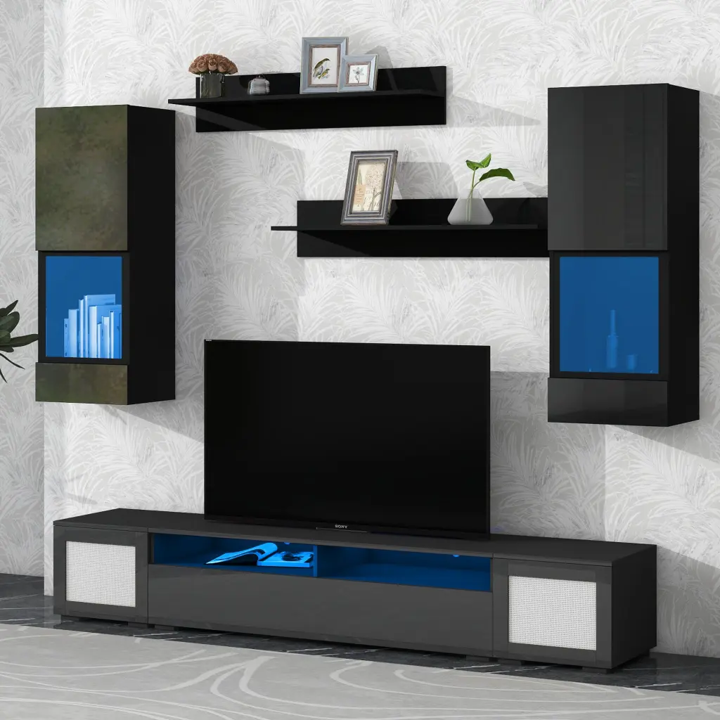 Extended Rattan Style Entertainment Center 7 Piece Floating TV Console Set on-trend