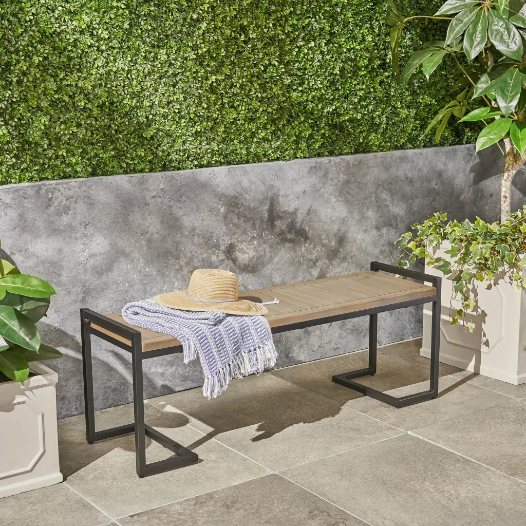 Hopkins Industrial Wood and Metal Bench Grey Acacia Wood nh-kisa