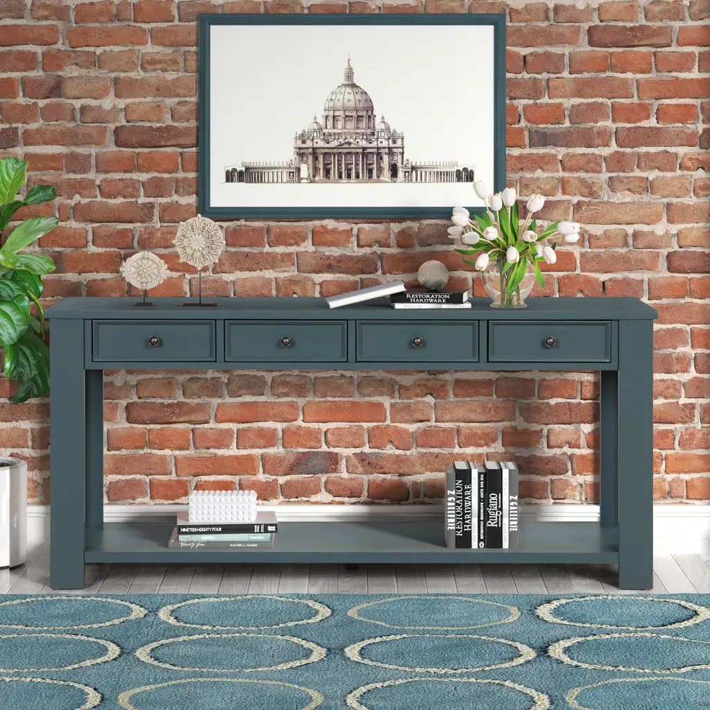 63 Pine Wood Console Table 4 Drawers And 1 Bottom Shelf Entryway power growth furniture