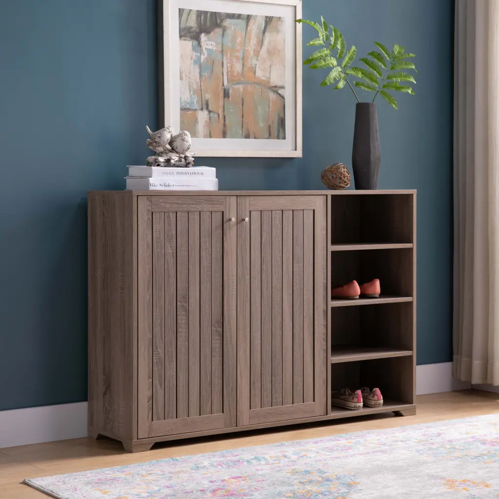 Entryway 4 Tier Organizing Storage Cabinet Double Door Wooden Shoe Cabinet id international- inc.