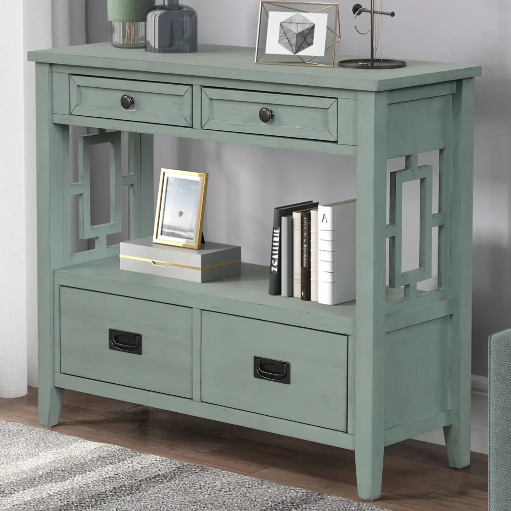 36 Inch Farmhouse Pine Wood Console Table Entry Sofa Table 4 Drawers power growth furniture