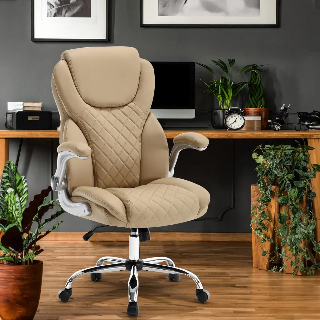 Ergonomic Office Chair Flip Up Armrests And Wheels Leather Rocking Executive Chair t2586