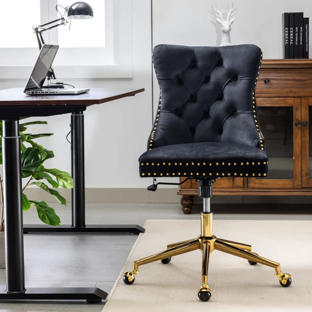 Velvet Upholstered Tufted Button Home Office Chair Gold Base a-a furniture