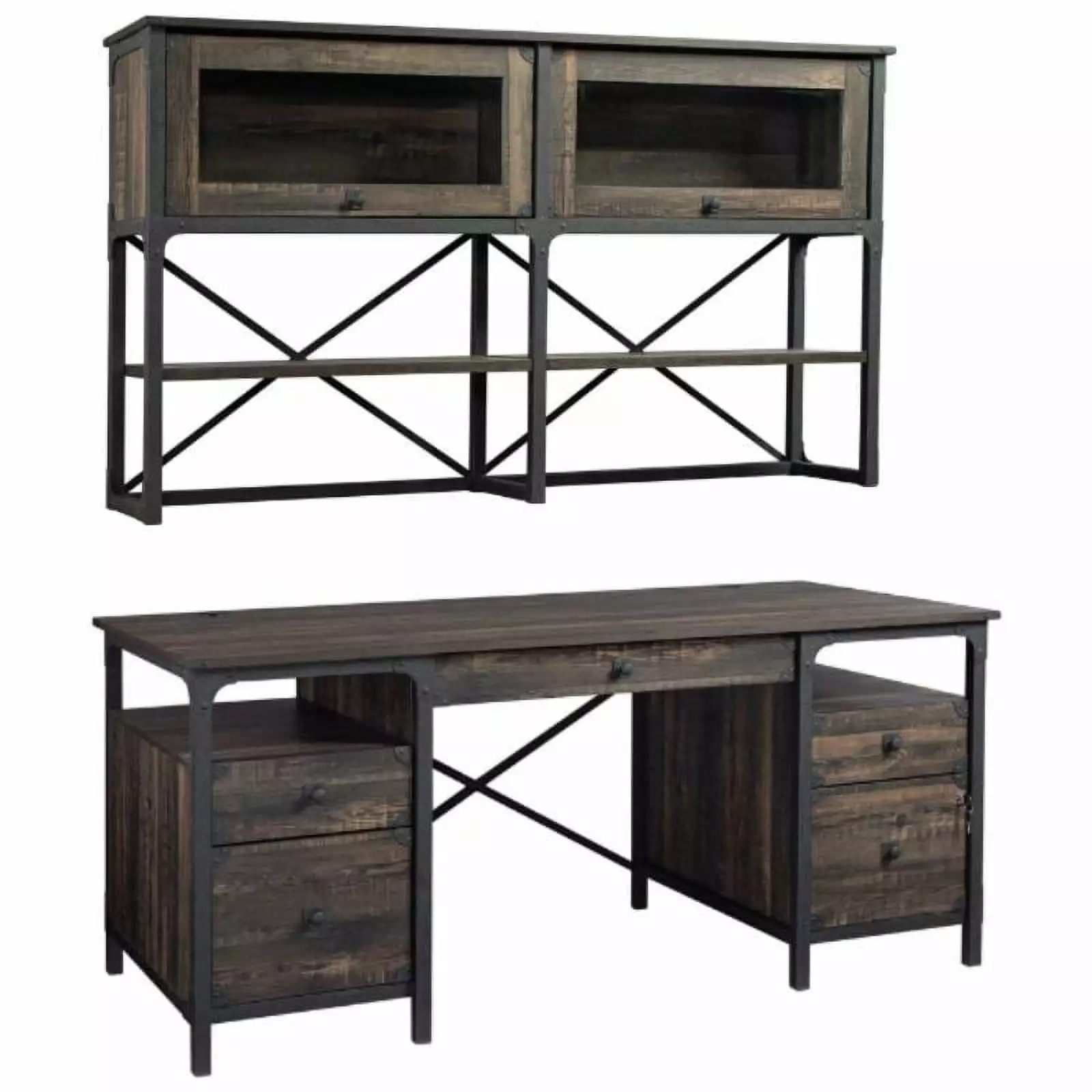 Home Square 2-Piece Executive Desk Set Large Hutch Carbon Oak Office Suite