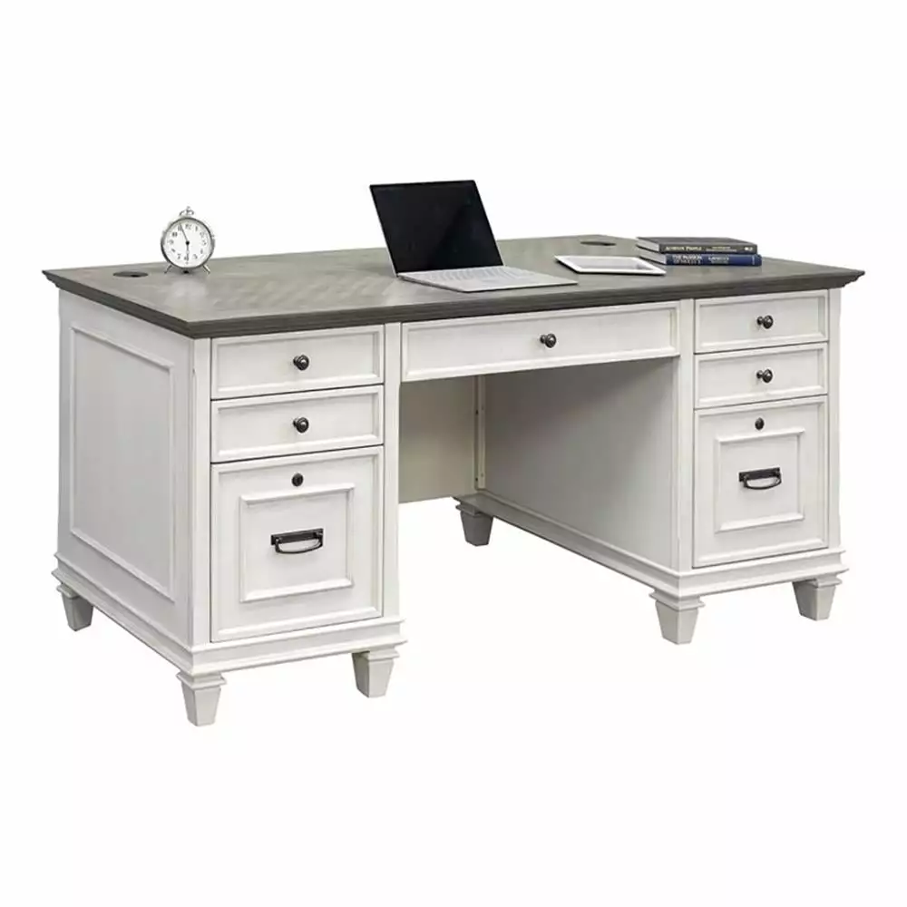 Beaumont Lane Farmhouse Wood Double Pedestal Executive Desk White Gray
