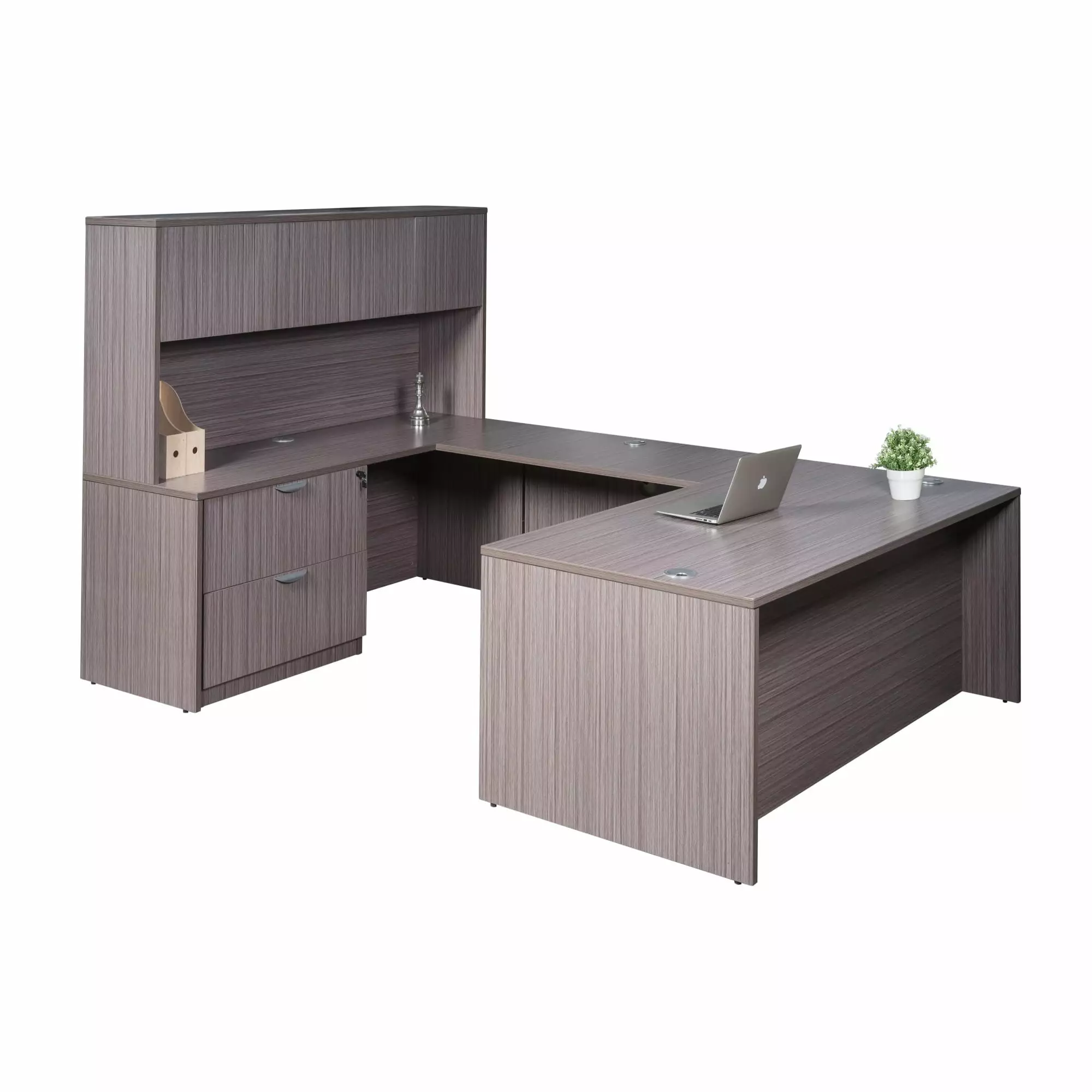 Boss Office 71 Inch Executive U-Shape Desk 2 Drawer Lateral File and 4 Door Hutch Driftwood Boss Office Product