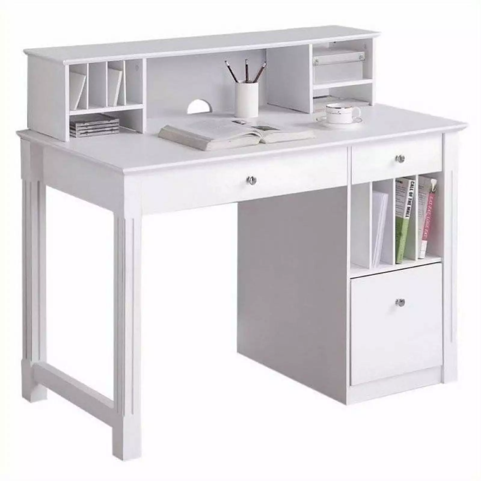 Bowery Hill Deluxe Solid Wood Desk Hutch White Spacious Home Office Workstation