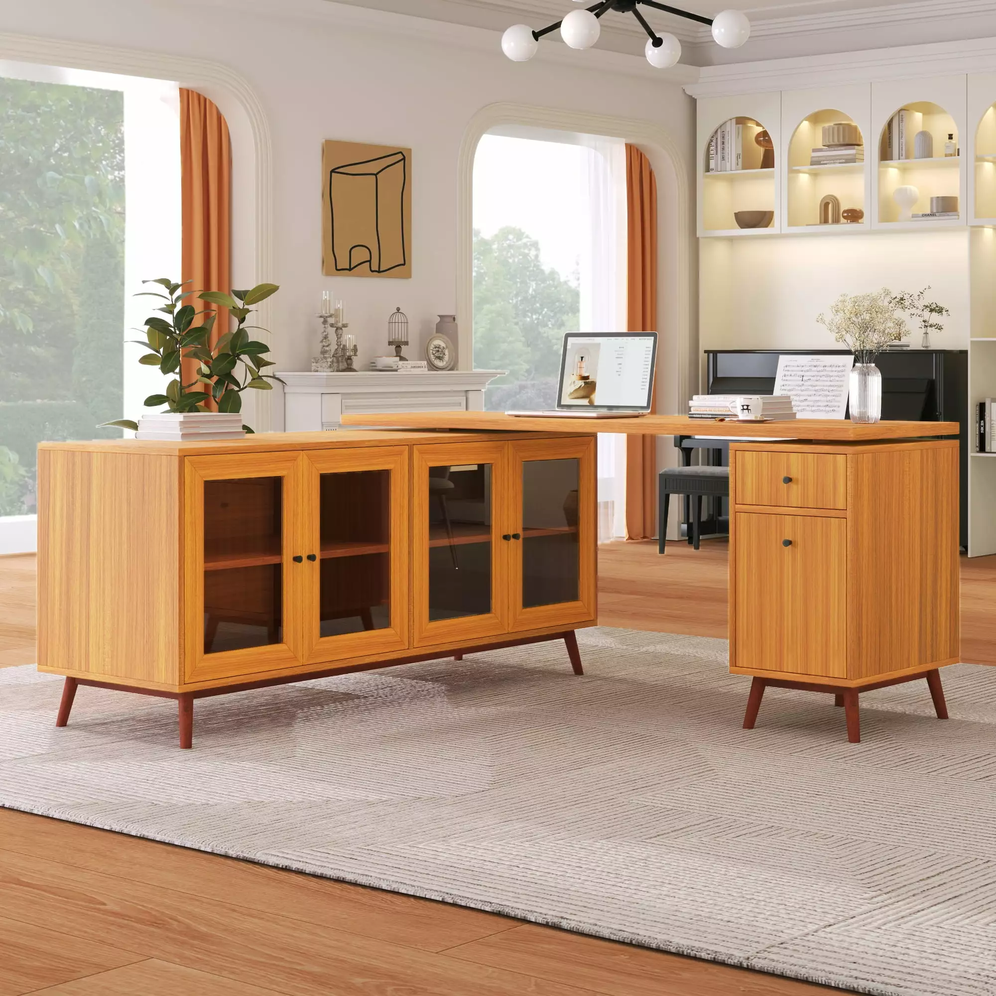 CoSoTower 66.5 Modern L-Shaped Executive Desk Tempered Glass Cabinet Storage and Drawers