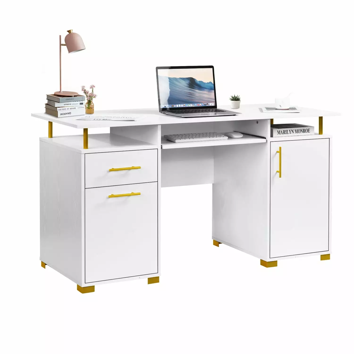 DreamCurship White Computer Desk Drawers 55 Executive Modern White Gold Desk