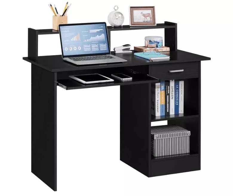 Home Office Wood Computer Desk Drawers and Pull-Out Keyboard Tray Study Writing Desk PC Laptop Table Hutch and Storage She...