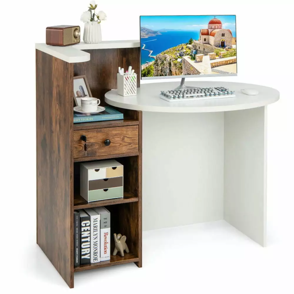 GVN Rustic Brown Reception Office Desk Open Shelf and Lockable Drawer