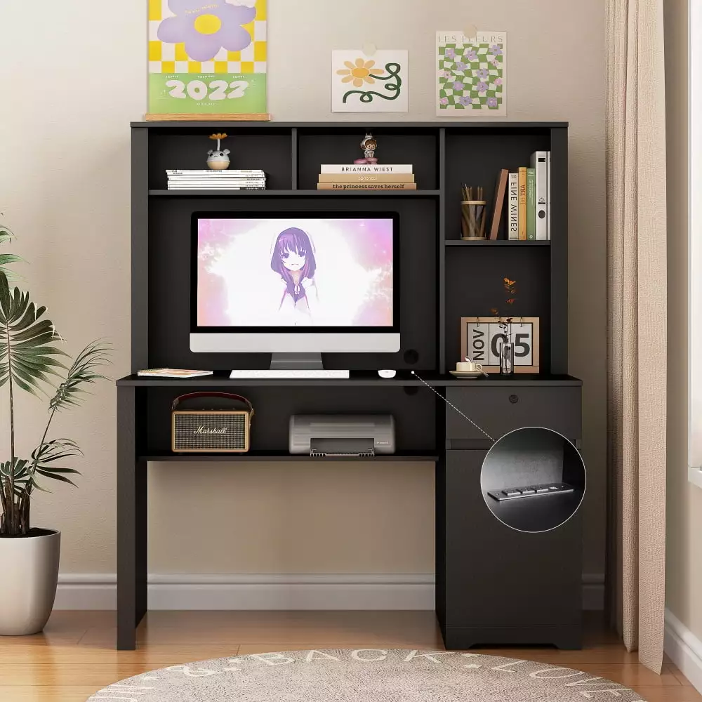 Gzxs Computer Desk Drawer & Hutch 51.18 Home Office Writing Desk AC Outlets and USB Ports