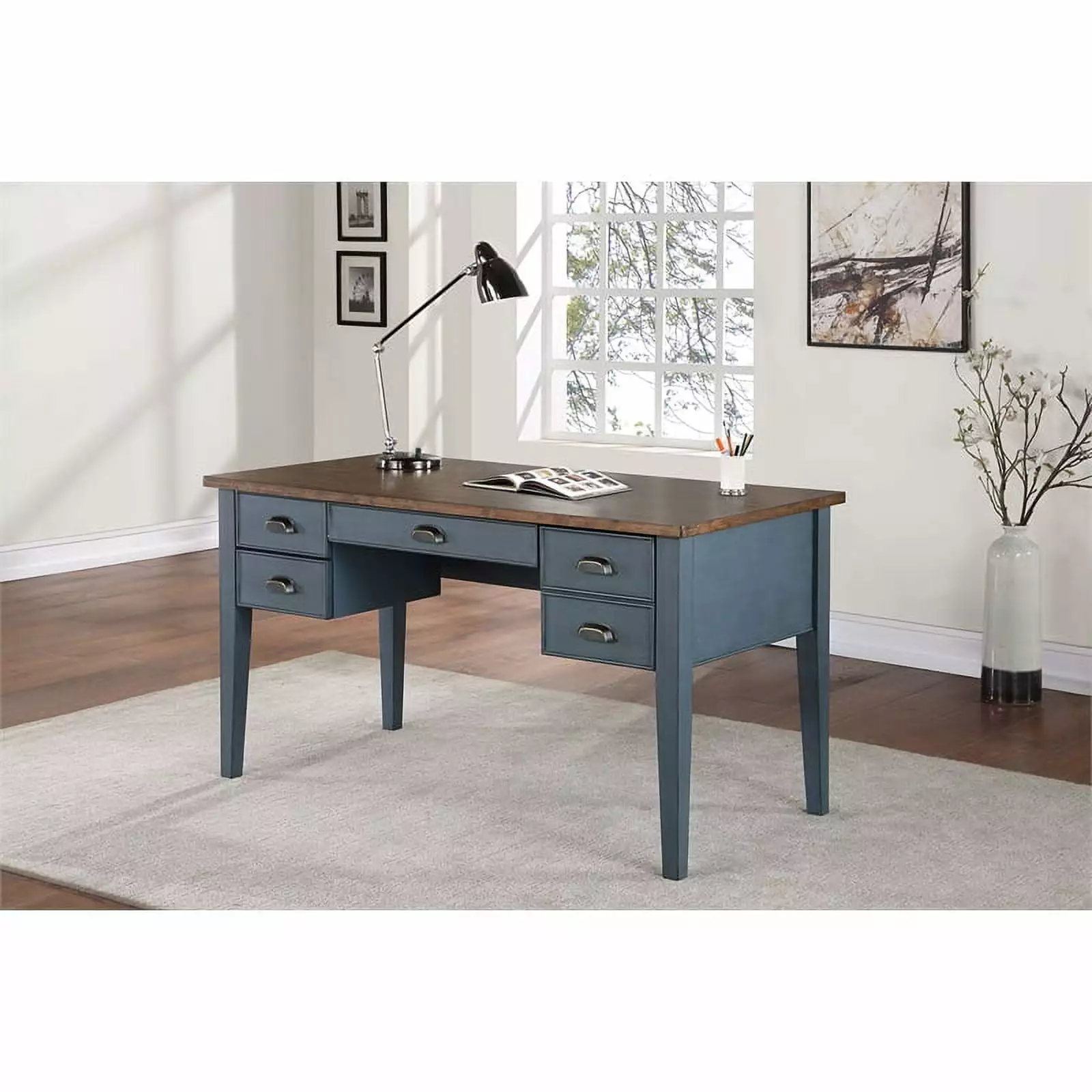 Farmhouse Wood Half Pedestal Executive Desk Blue Writing Table Martin Furniture