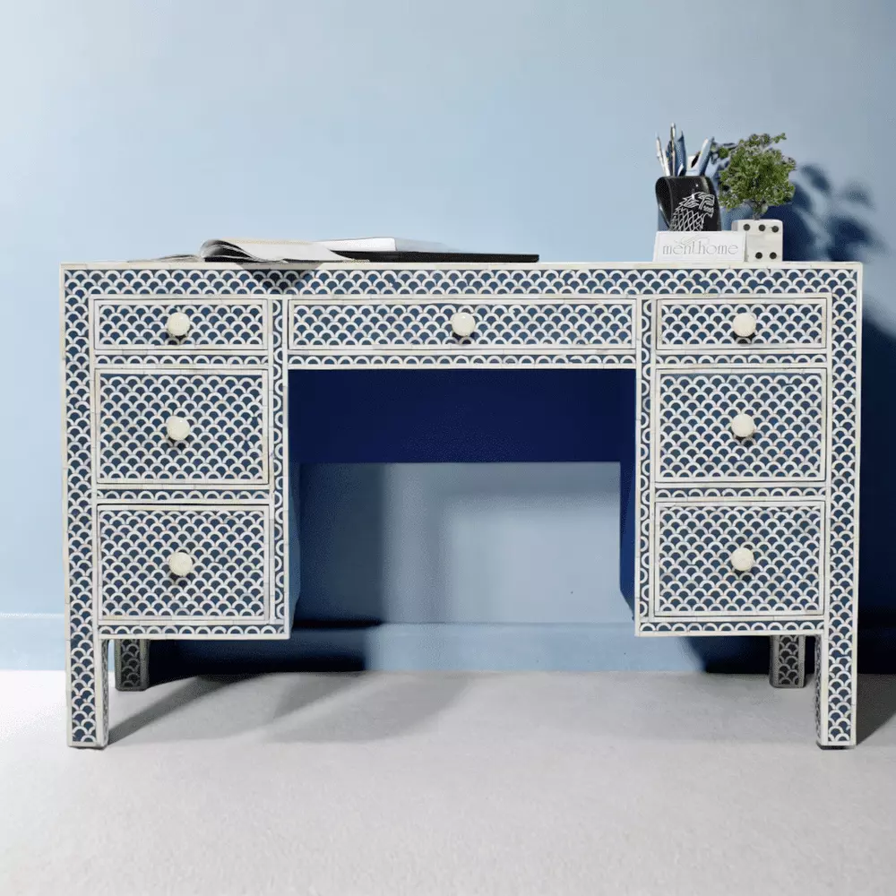 Blue Bone Inlay Fishscale 7-Drawers Office Desk Executive Workstation Menthome