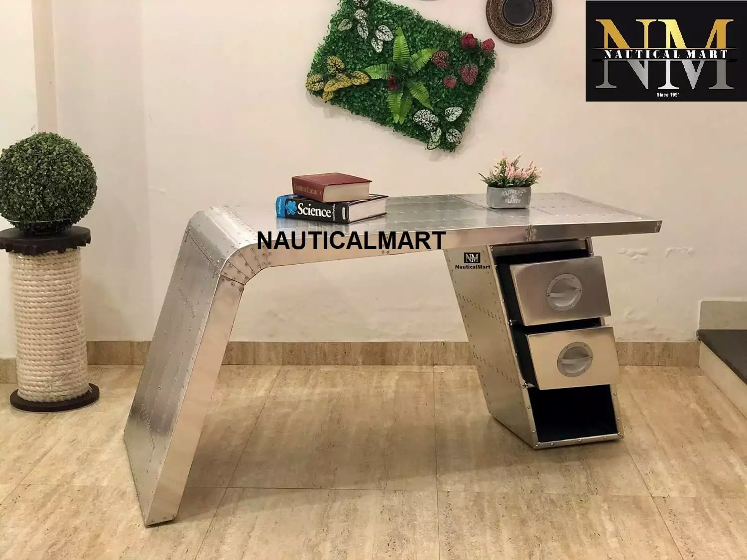 NauticalMart Aviator Wing Desk Aluminium Table Home Office Aviator Furniture Decor Two Drawer 60 Inches