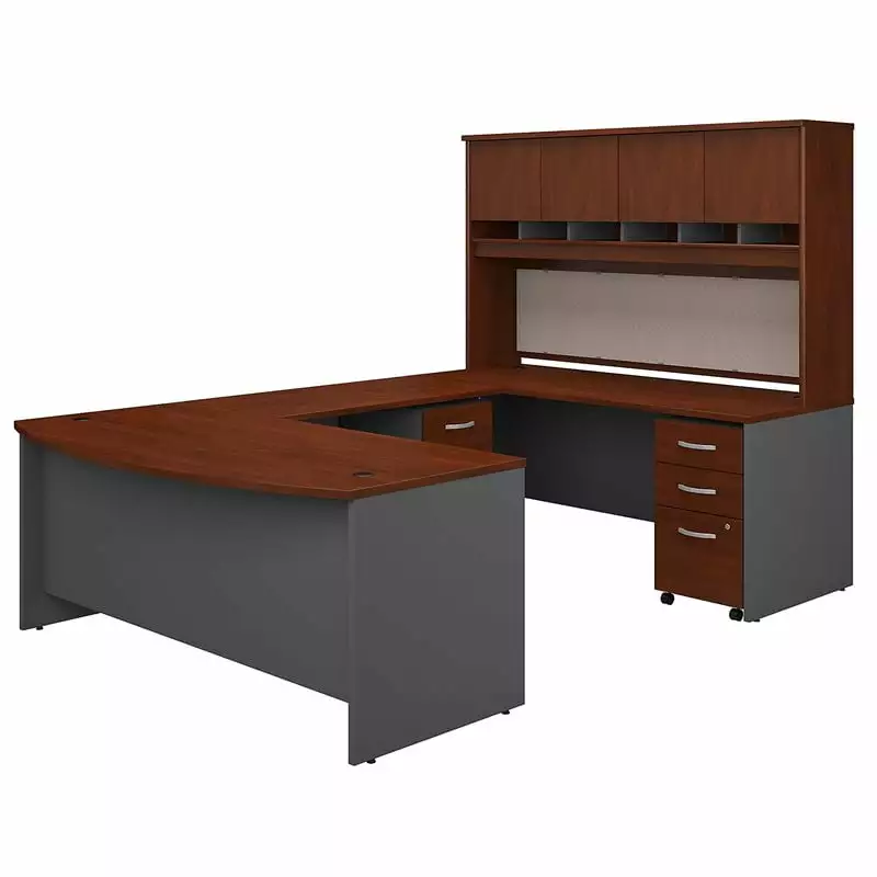 Pemberly Row 72W Bow Front U-Shaped Desk Hutch and Storage Hansen Cherry Executive Desk