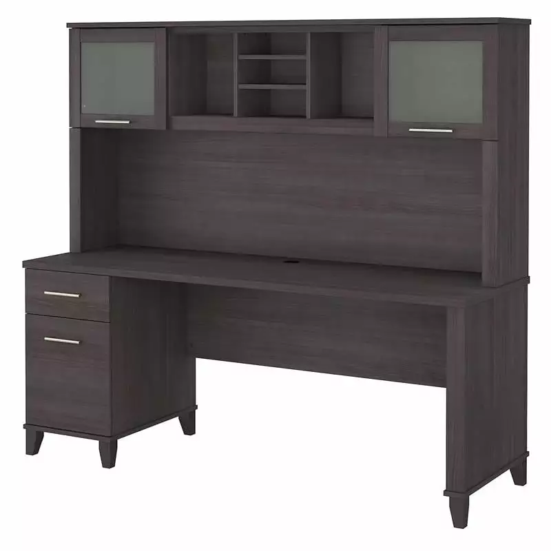 Pemberly Row 72W Office Desk Drawers and Hutch Storm Gray Engineered Wood