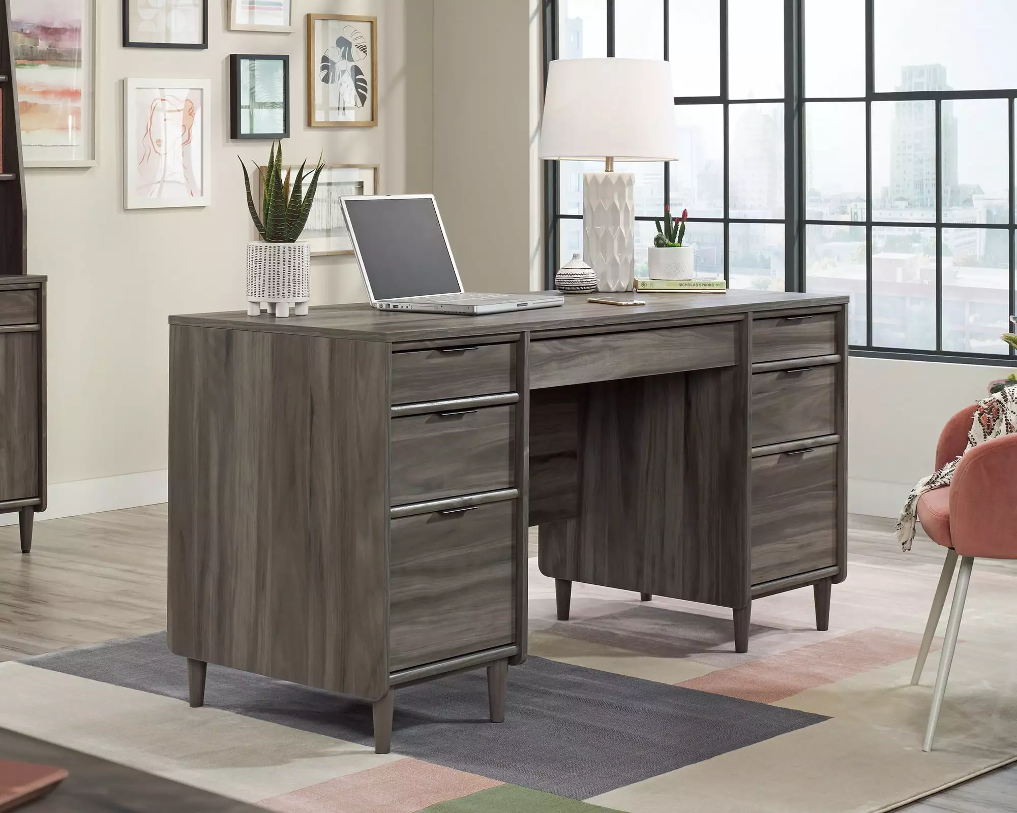 Sauder Clifford Place Engineered Wood Executive Desk Jet Acacia Dark Wood Finish