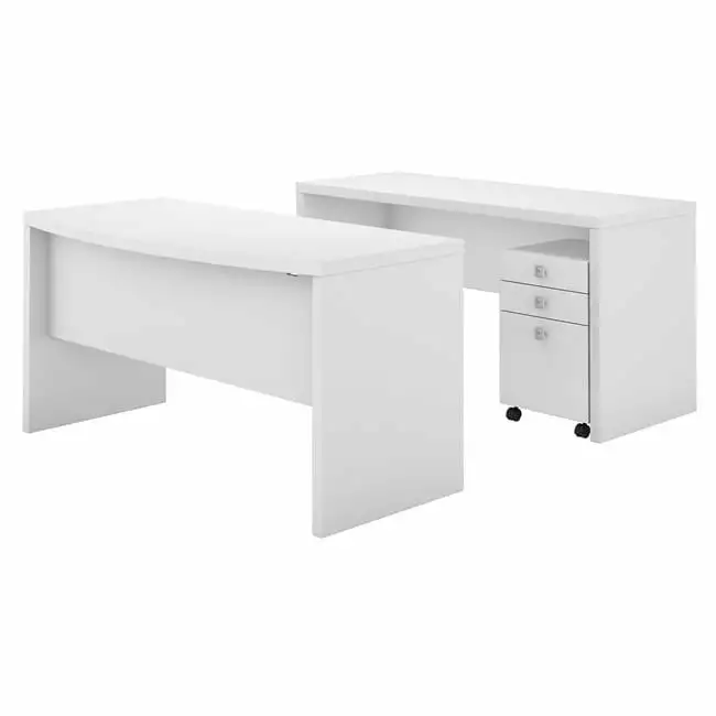 Echo Bow Front Desk & Credenza Mobile File Cabinet Pure White SeatSolutions