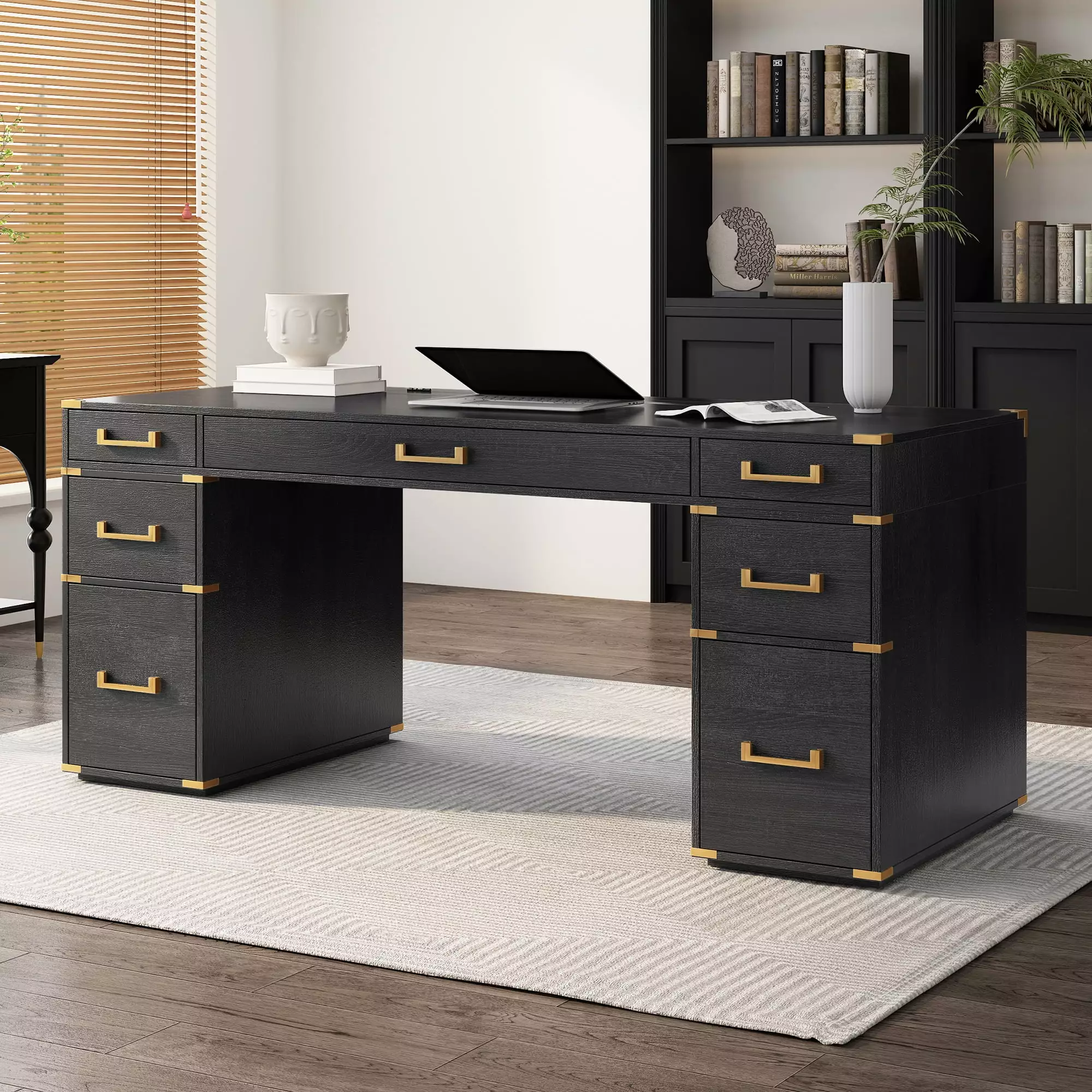 70 Inch Classic And Traditional Executive Desk Metal Edge Trim - Writing Desk USB Ports And Outlets SMHZ