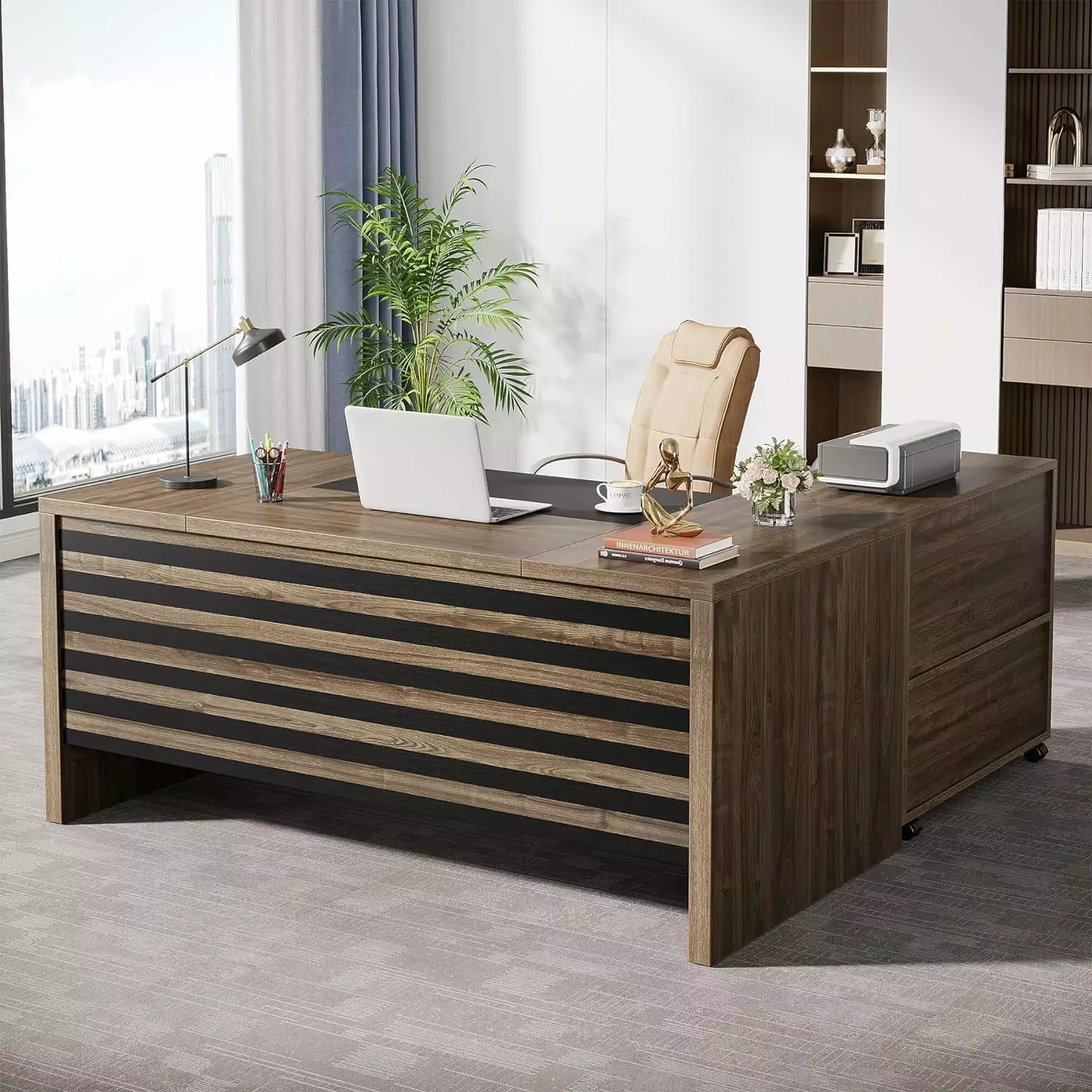 Tribesigns 62.2 Inch Executive L-Shaped Office Desk Mobile File Cabinet and Storage Shelves Gray
