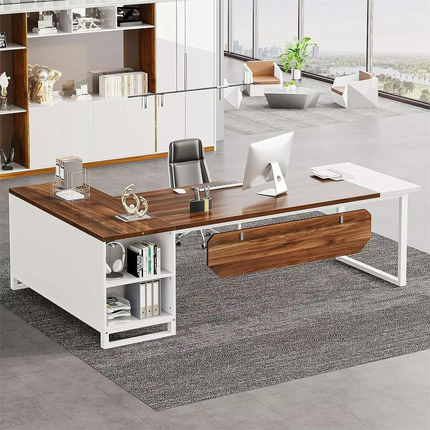 Tribesigns 70.8 Inch L-Shaped Executive Desk File Cabinet and Storage Shelves Walnut White