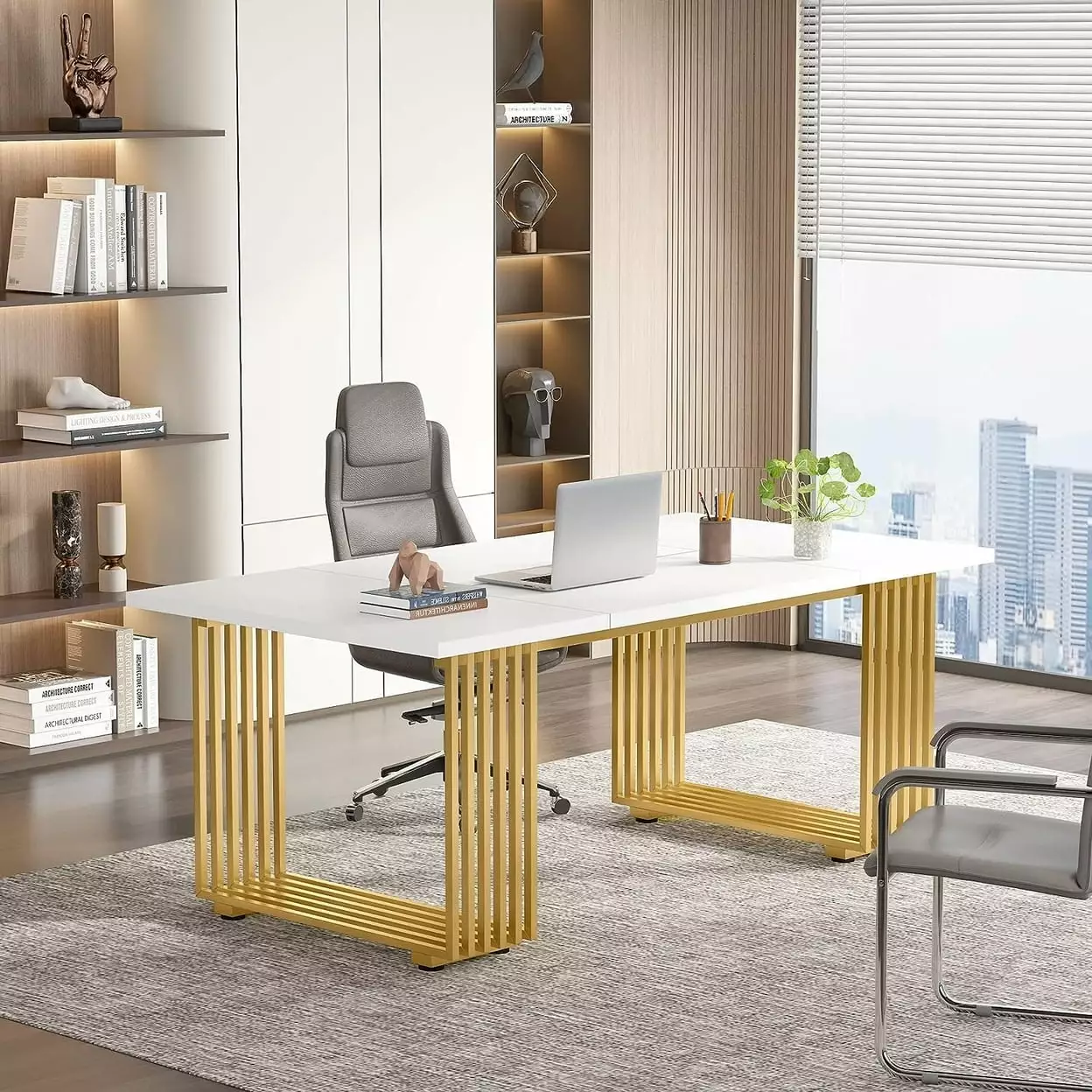 Tribesigns 70.86 Inch Modern Office Desk Wooden Computer Desk Gold Metal Legs