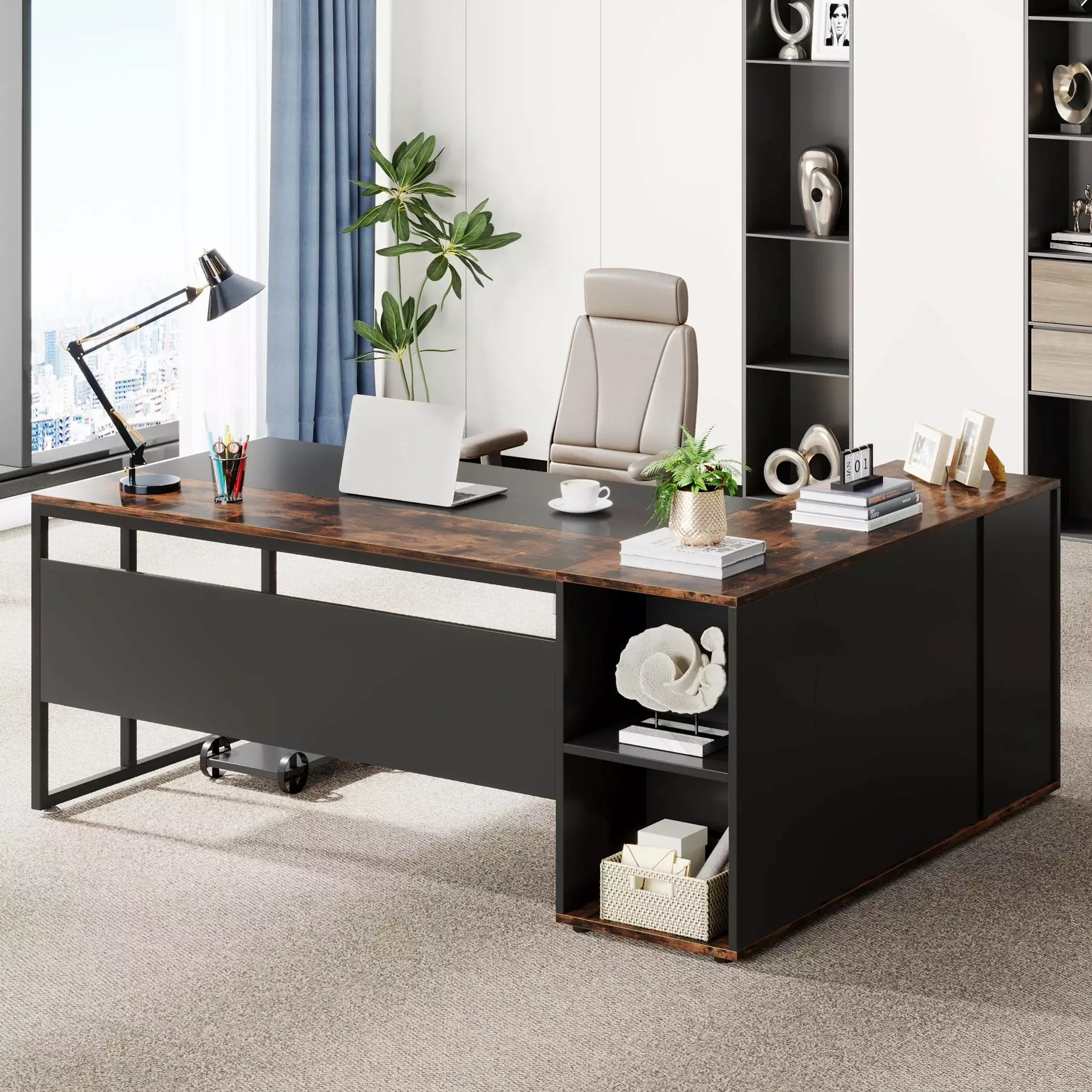 Tribesigns 71 Inch L-Shaped Executive Desk Cabinet Storage Rustic Brown Office Workstation