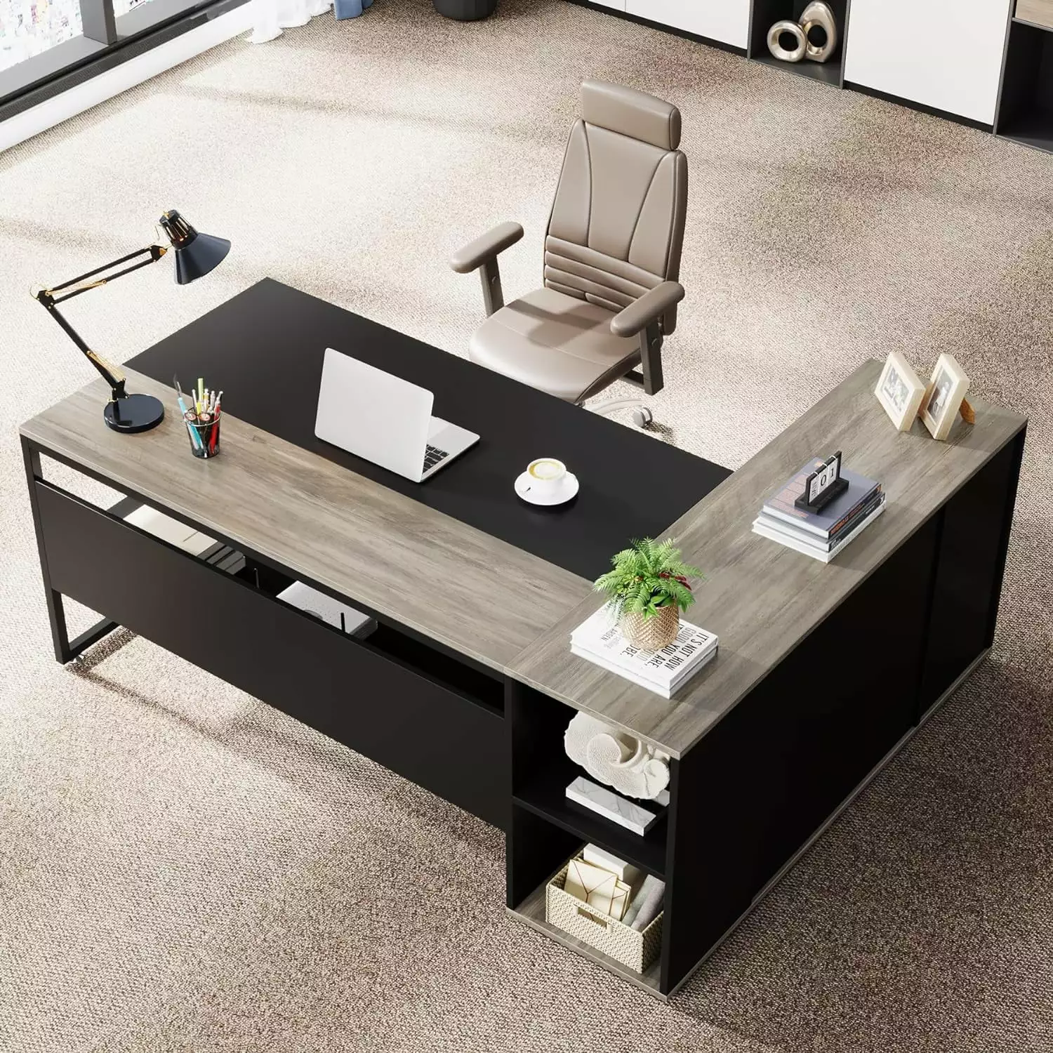 Tribesigns 71 Inch L-Shaped Executive Desk Cabinet Storage and Shelves Office Desk