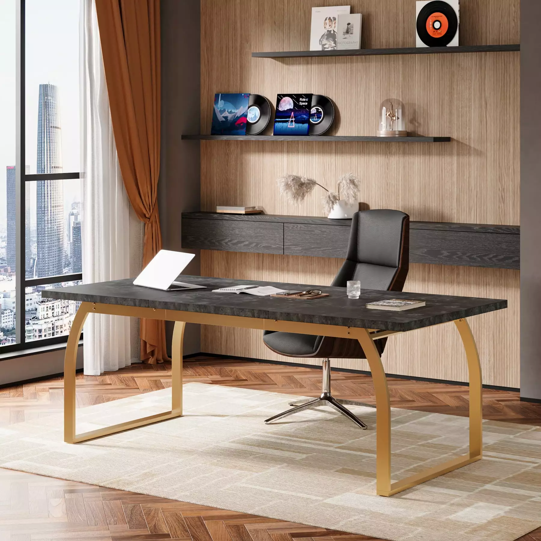 Tribesigns Modern Black Office Desk 70.87 Inches Faux Marble Executive Desk